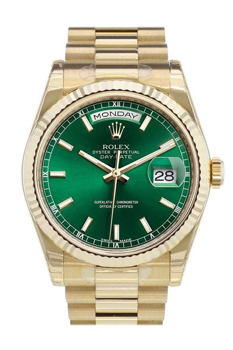 rolex day date green dial yellow gold|Rolex gold day date price.